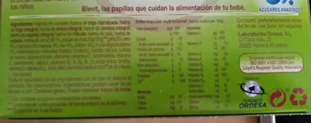Blevit plus vive 8 cereales y frutas nutrition facts table