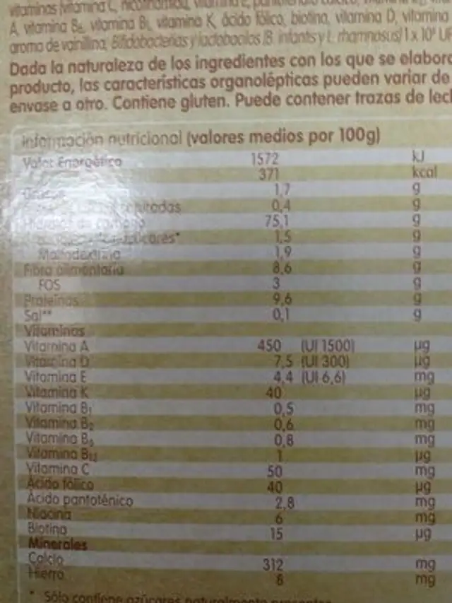 Blevit plus optimum 5 cereales nutrition facts table