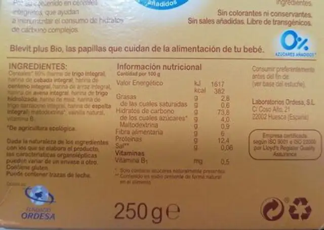 Papilla instantánea de cultivo ecológico nutrition facts table