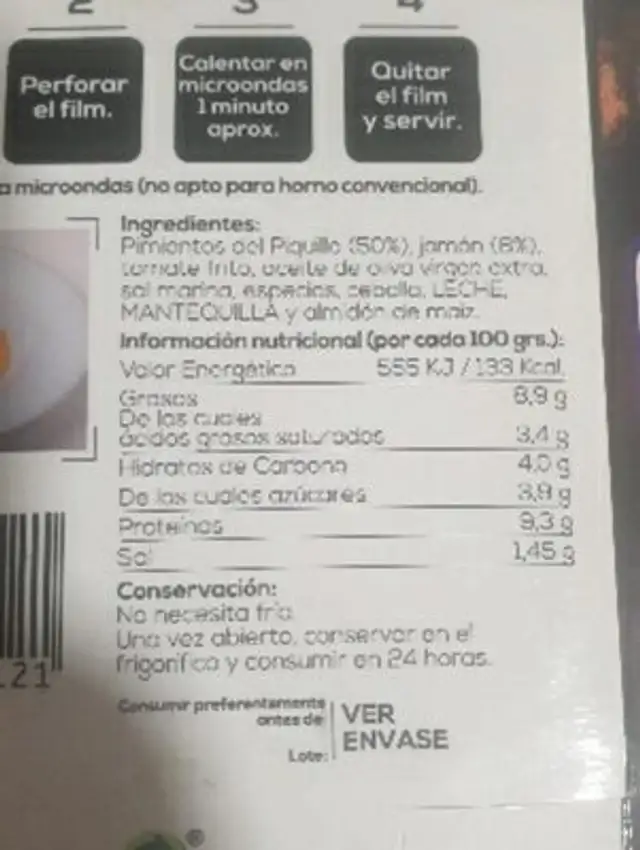 Unknown nutrition facts table