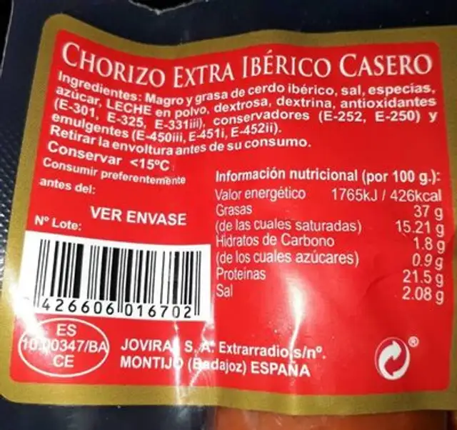 Chorizo extra iberico casero nutrition facts table