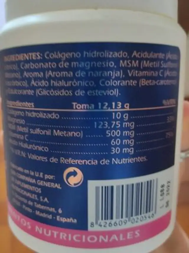 Colágeno complex nutrition facts table
