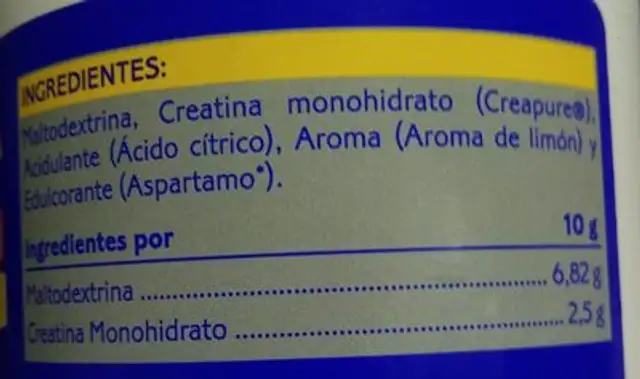 Creatina nutrition facts table