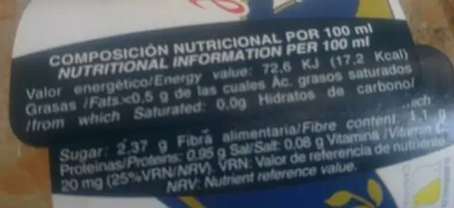 Zumo de tomate nutrition facts table