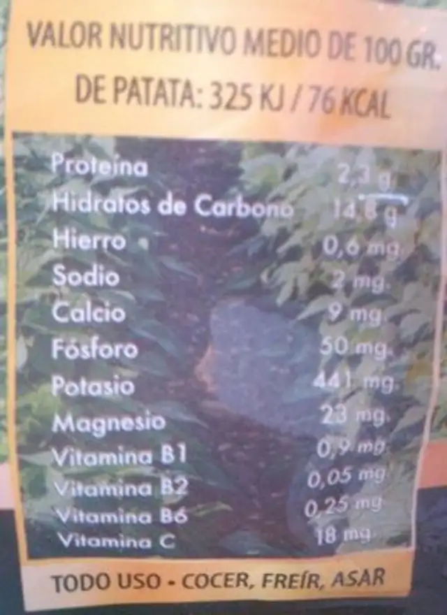 Patata natural delicia del campo nutrition facts table