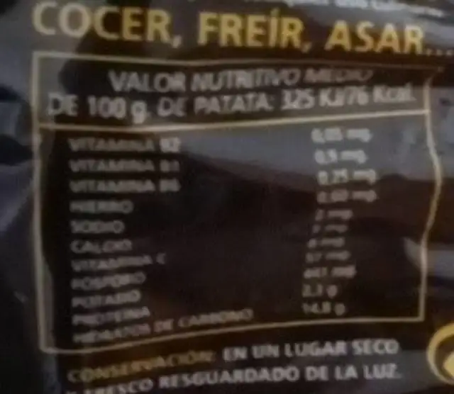 Patata nueva Categoría 1 nutrition facts table