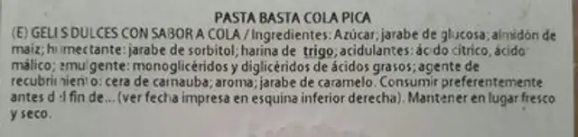 Pasta Fruta Sabor Cola ingredients label