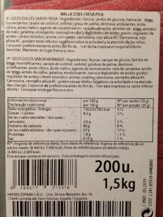 Rellepica Fresa ingredients label