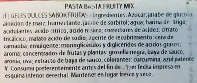 Pasta Basta Fruty Mix ingredients label