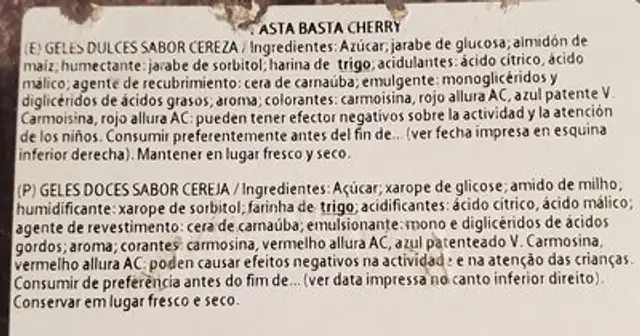 Pasta Basta Cereza ingredients label