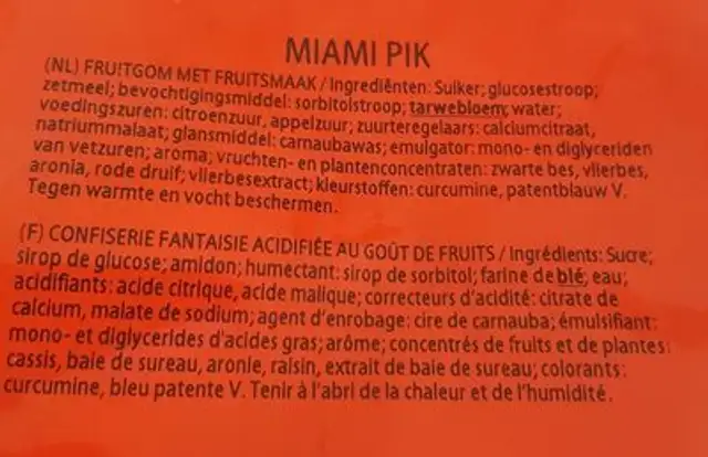 Miami Pik ingredients label