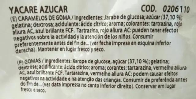 Yacare Azucar ingredients label