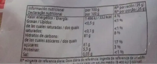 Yacare Azucar nutrition facts table