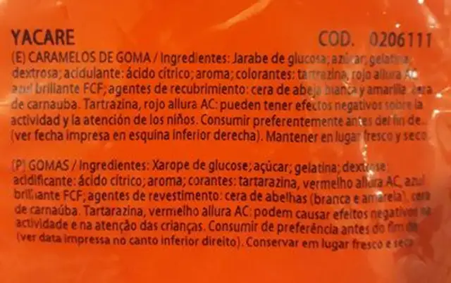 Yacare ingredients label