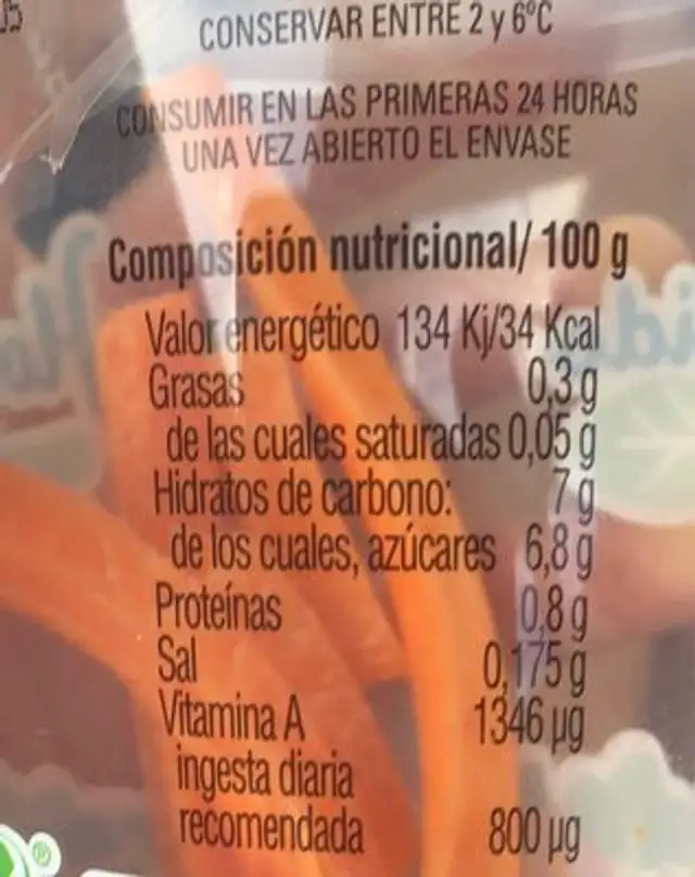 Palitos de zanahorias nutrition facts table