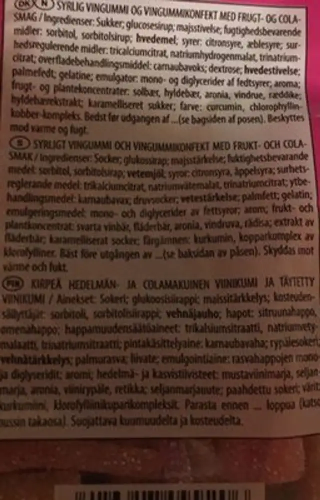 Haribo Flowerzourr 125G Kirpeä Viinikumi ingredients label