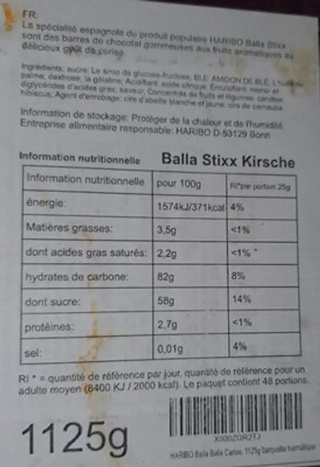Haribo Balla Stixx Kirsche 150er nutrition facts table