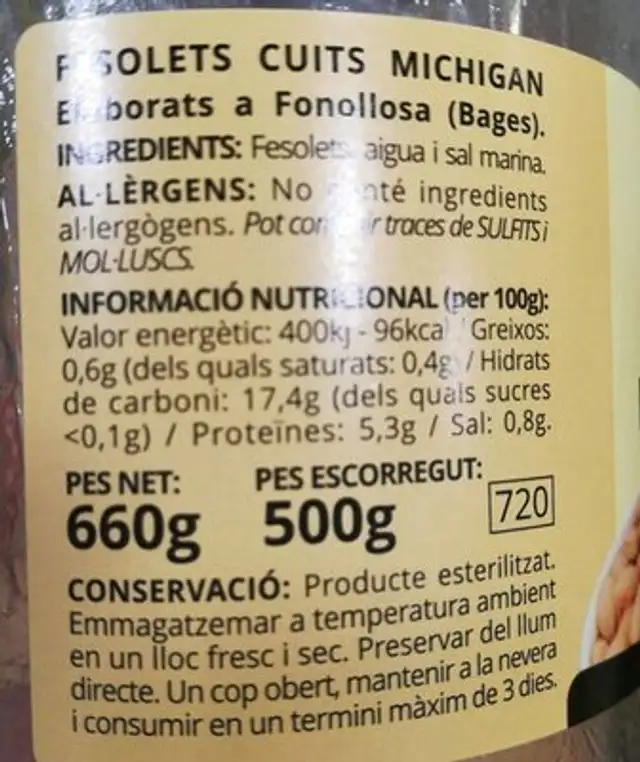 Judias nutrition facts table