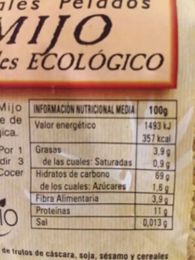 Mijo nutrition facts table