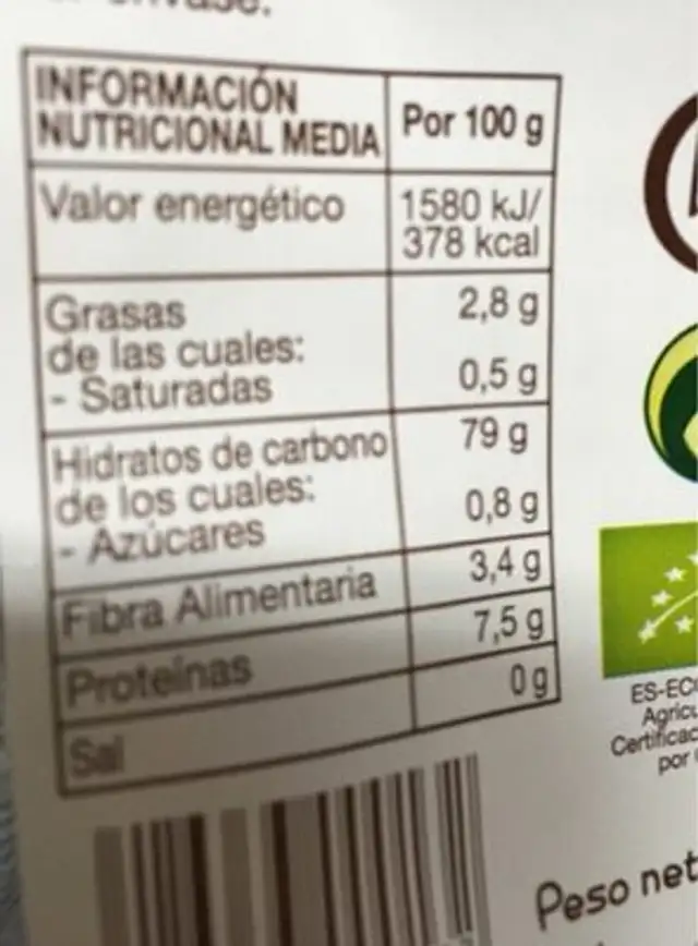 Arroz integral ecologico nutrition facts table