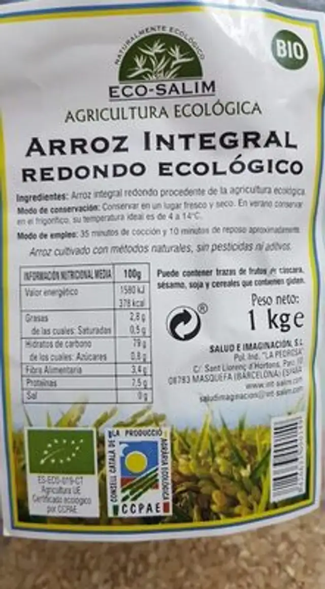 Arroz integral redondo ecológico nutrition facts table