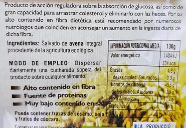 SALVADO DE AVENA ECO nutrition facts table