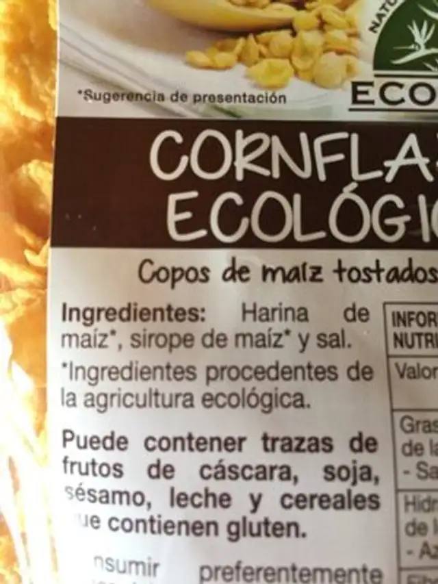 Cornflakes ecológicos ingredients label