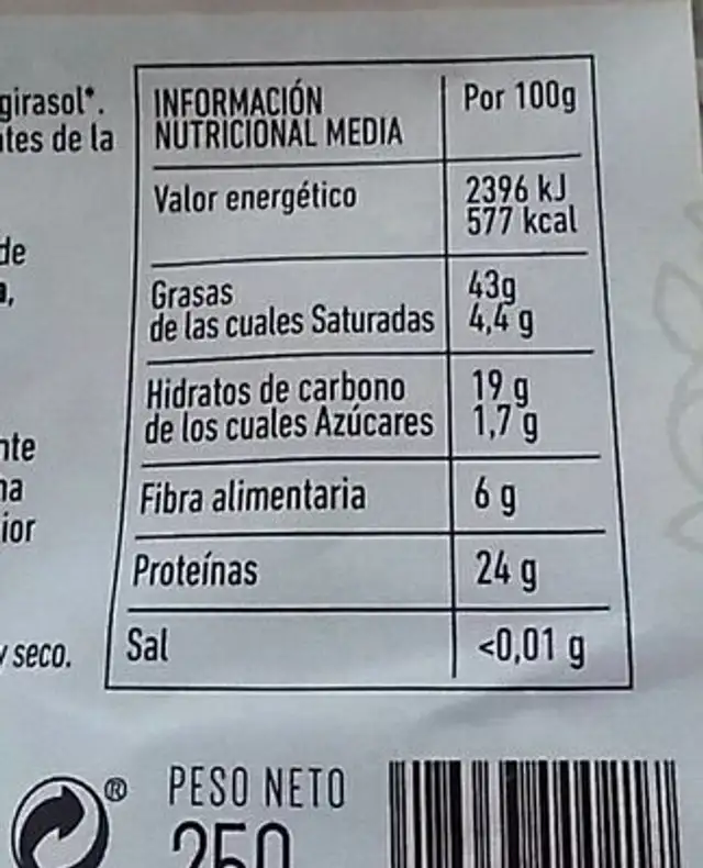 Pipas girasol nutrition facts table