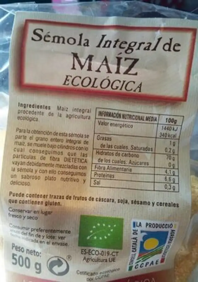 Sémola Integral de maíz ecológica nutrition facts table