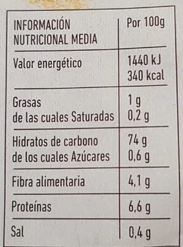 Harina integral de maíz nutrition facts table
