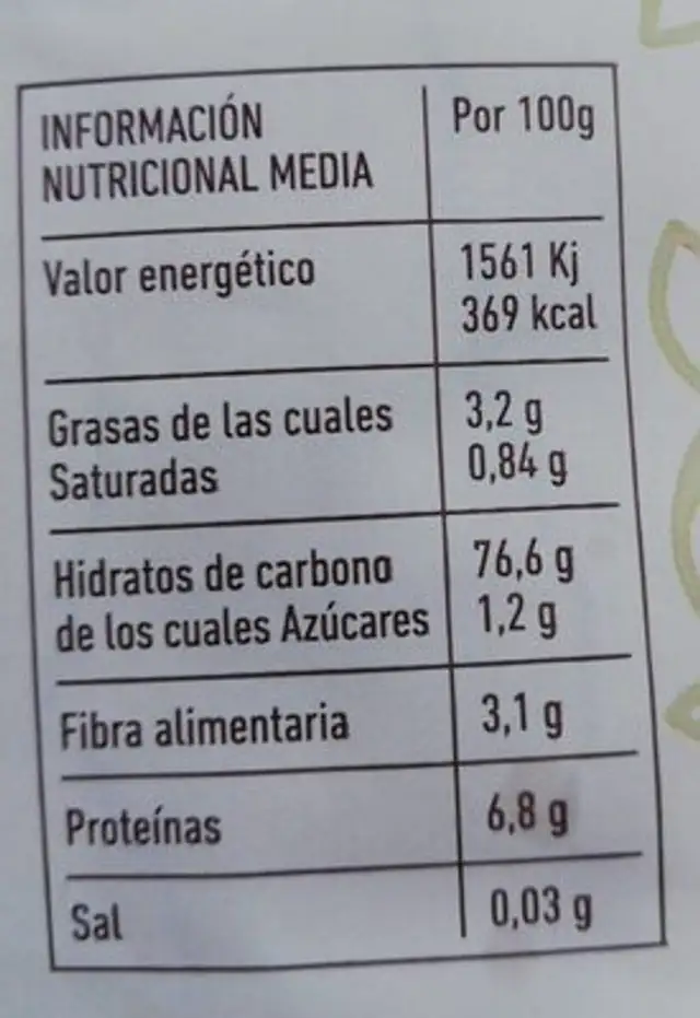 Harina integral de arroz nutrition facts table