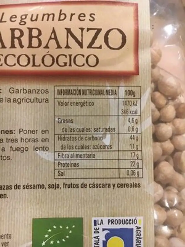 Legumbres garbanzo ecologico nutrition facts table