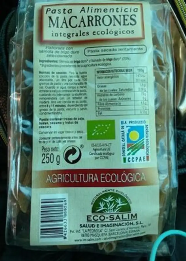 Pasta Alimenticia MACARRONES integrales ecológicos