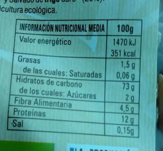 Pasta Alimenticia MACARRONES integrales ecológicos nutrition facts table