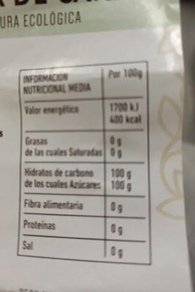 Azucar de caña nutrition facts table