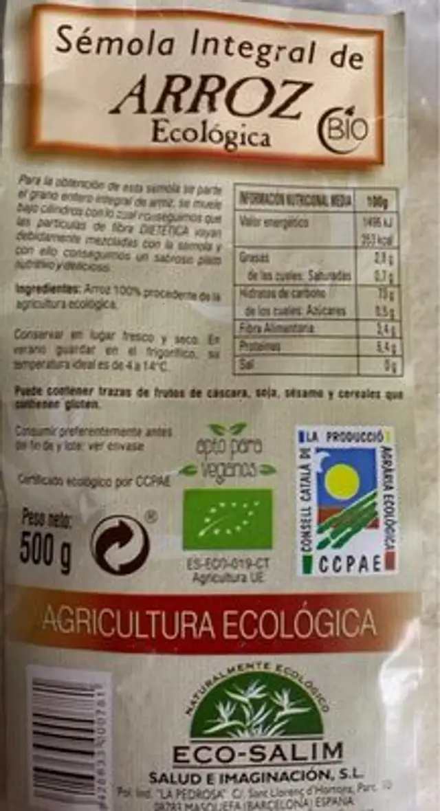 Semola integral de arriz ecologica