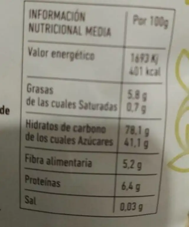 Trigo espelta con miel nutrition facts table