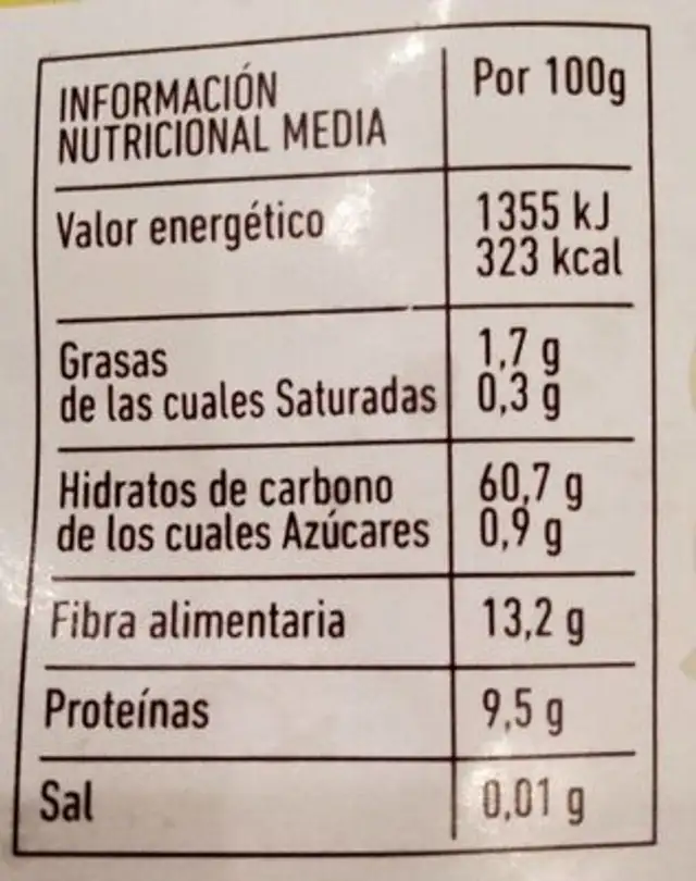 CEREAL CENTENO PELADO nutrition facts table