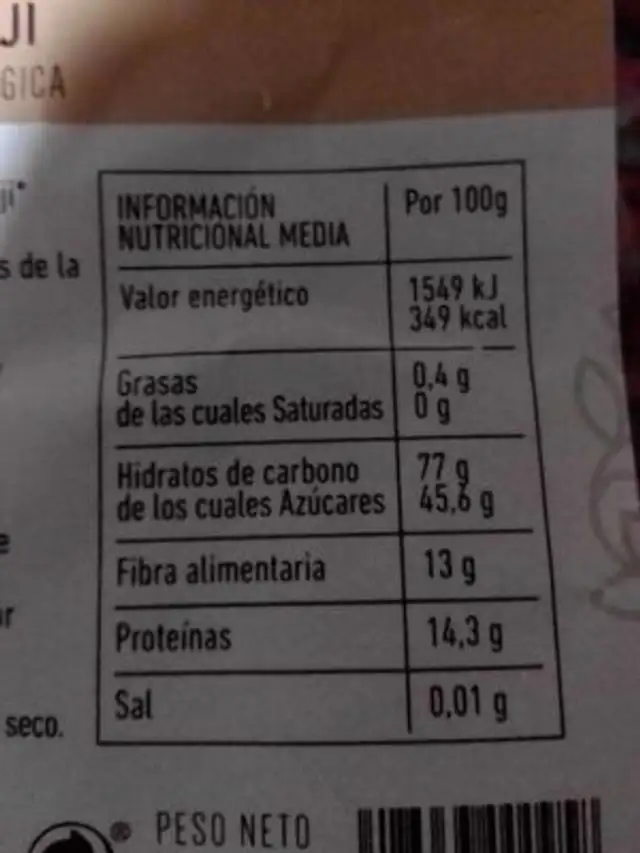 Bayas de goji nutrition facts table