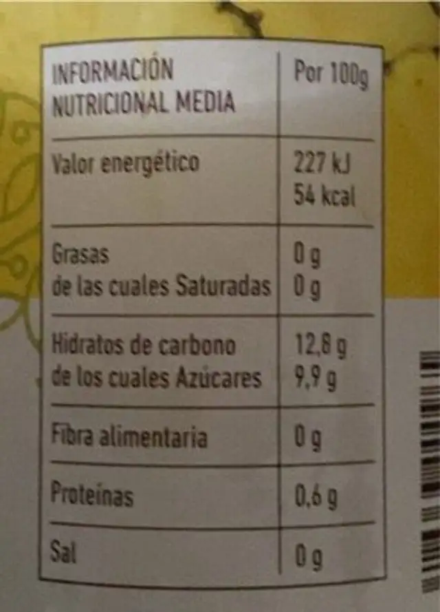 Zumo de Piña Agricultura Ecológica nutrition facts table