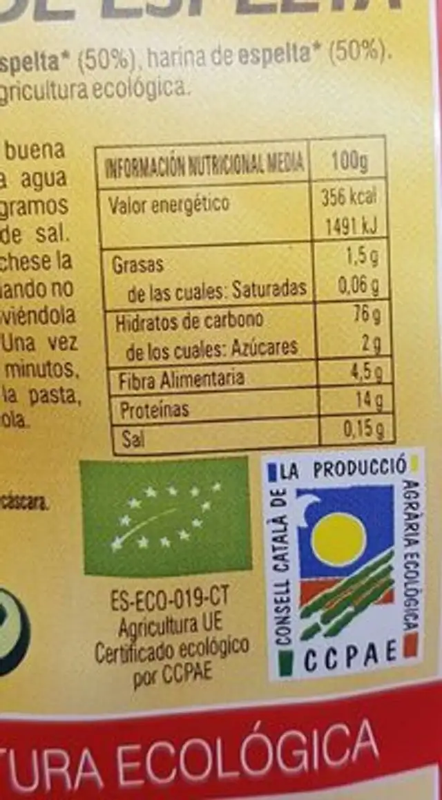 Fideos de espelta nutrition facts table
