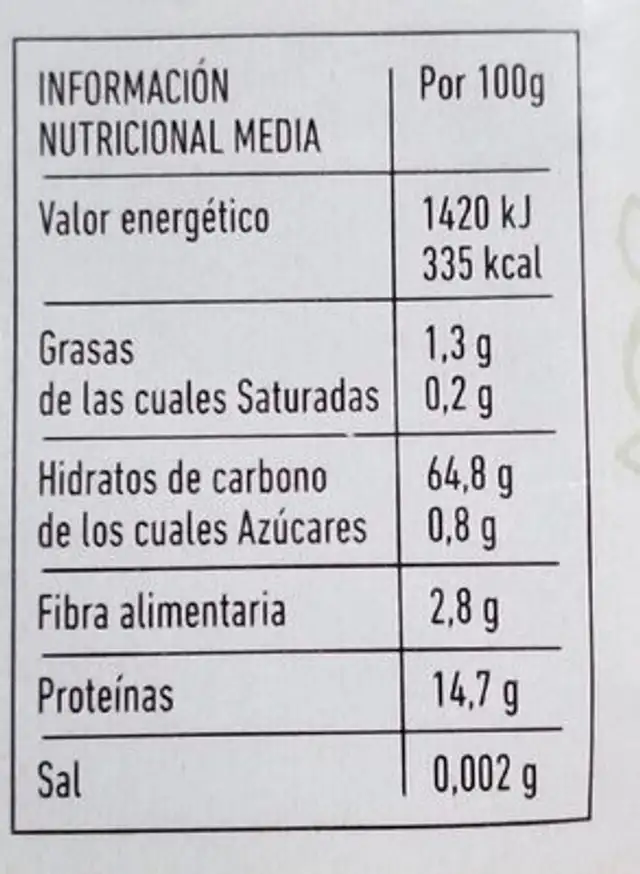 Harina blanca de espelta nutrition facts table