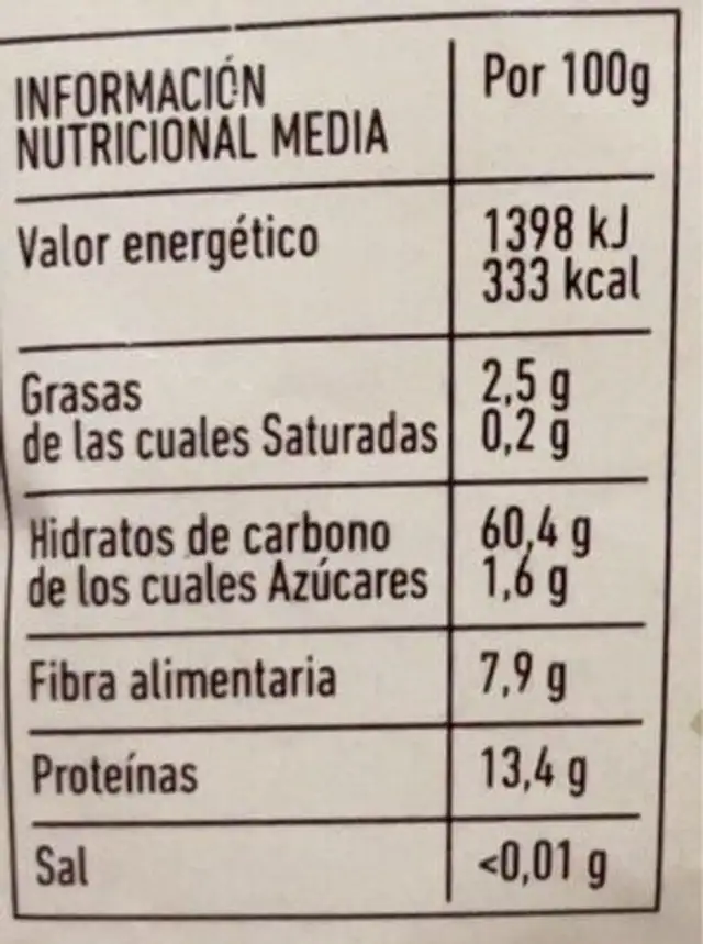 Cereal espelta pelada nutrition facts table