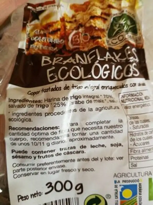 Branflakes ecológicos ingredients label