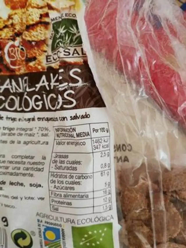 Branflakes ecológicos nutrition facts table