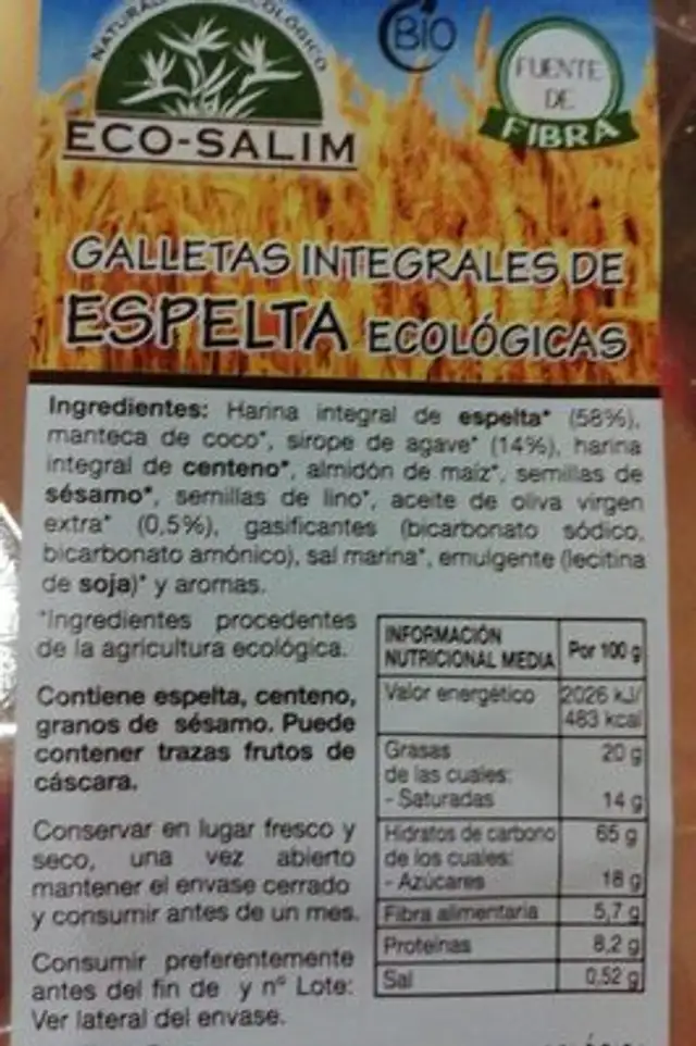 Galletas integrales de espelta ecológicas nutrition facts table