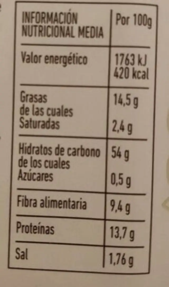 Palitos de espelta integral nutrition facts table