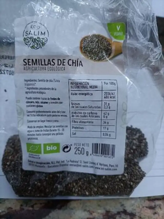 Chia Semillas Eco 250G, Ecosalim ingredients label