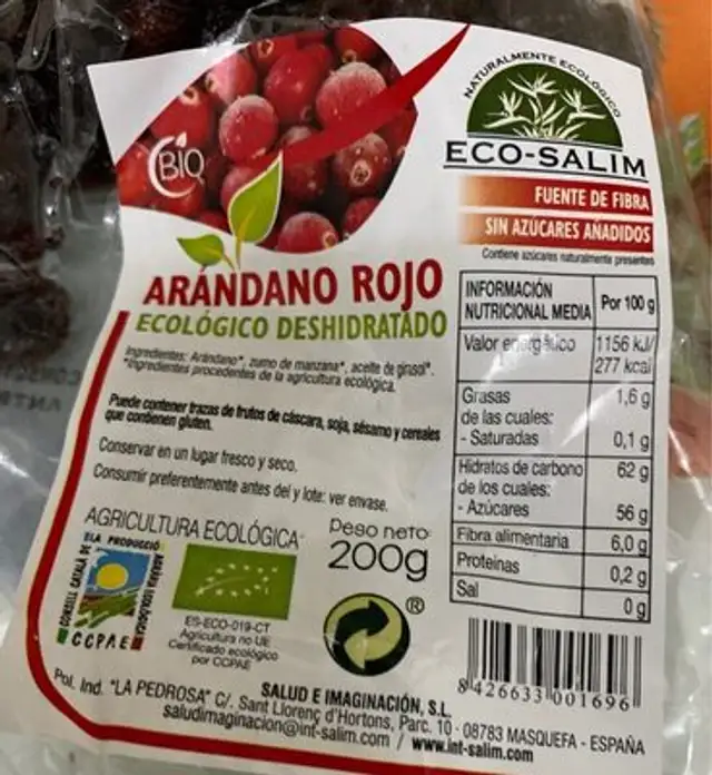 Arandano Rojo deshidratado nutrition facts table