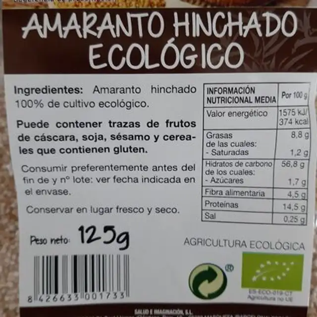 Amaranto hinchado nutrition facts table